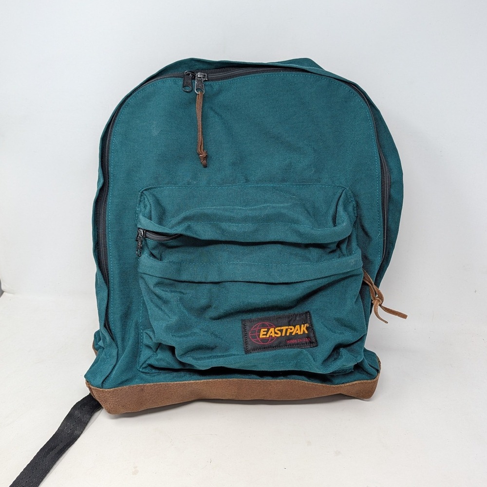 Vintage Eastpak Backpack Made in USA Teal Green Canvas Brown Suede Bottom